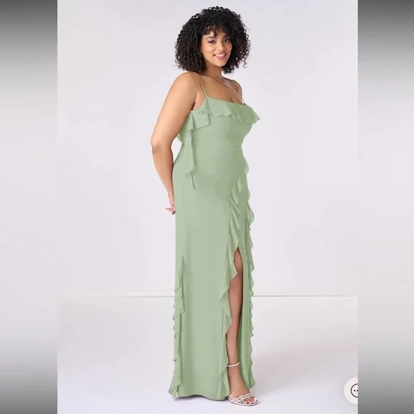 Azazie | Dresses | Azazie Dusty Sage Green Ruffled Spaghetti Strap Dress |  Poshmark